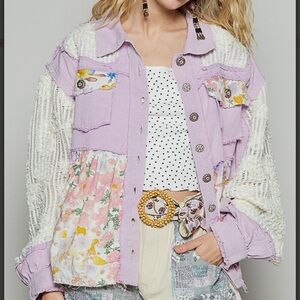 P1868–(4 colors) POL Patchwork Floral Knit Lavender Button Up Jacket